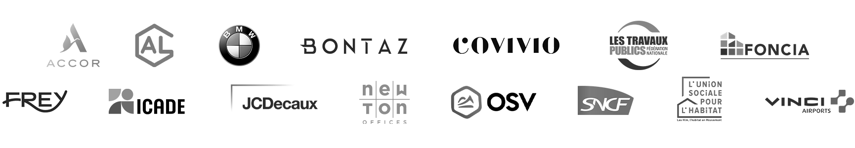 Logos Accor, Action Logement, BWW, Bontaz, Covivio, Fifa, Fédération Nationale des Travaux Publics (FNTP), Foncia, Frey, Icade, JCDecaux, Newton Offices, OSV, SNCF, Union sociale pour l'habitat, Vinci Airports