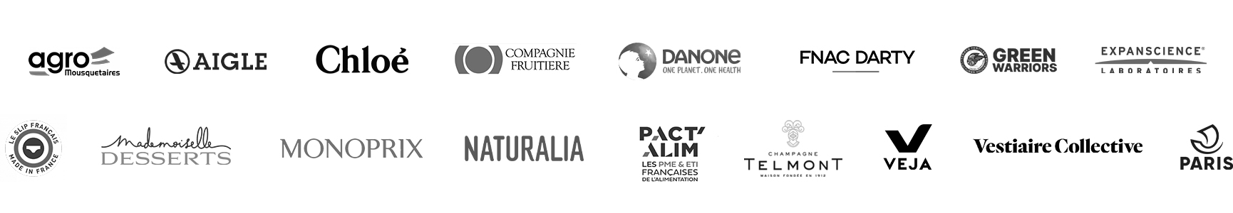 Logo Agro Mousquetaire, Aigle, Chloé, Compagnie Fruitière, Danone, Fnac Darty, Green Warriors, Expanscience, Le Slip Français, Mademoiselle Desserts, Monoprix, Naturalia, Pact'Alim, Champagne Telmont, Veja, Vestiaire Collective, Ville de Paris