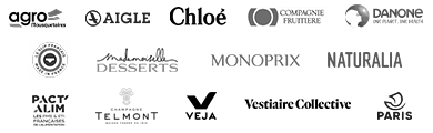 Logo Agro Mousquetaire, Aigle, Chloé, Compagnie Fruitière, Danone, Fnac Darty, Green Warriors, Expanscience, Le Slip Français, Mademoiselle Desserts, Monoprix, Naturalia, Pact'Alim, Champagne Telmont, Veja, Vestiaire Collective, Ville de Paris