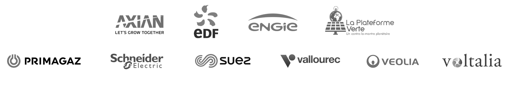 Logos Axian, EDF, Engie, La Plateforme Verte, Primagz, Schneider Electric, Suez, Vallourec, Veolia, Voltalia