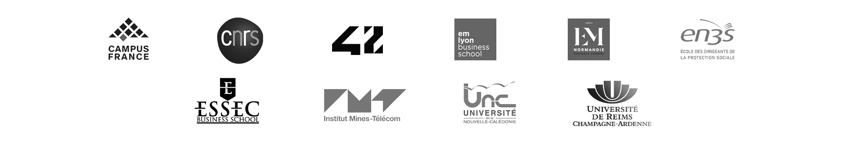 Logos Campus France, CNRS, École 42, EMLyon Business School, EM Normandie, EN3S, ESSEC Business School, Institut Mines-Télécom, Université de Nouvelle Calédonie (UNC), Université de Reims Champagne Ardenne