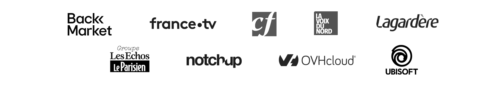 Logos Back Market, France TV, Centre France, La Voix du Nord, Lagardère, Groupe Les Echos Le Parisien, Notchup, OVHcloud, Ubisoft