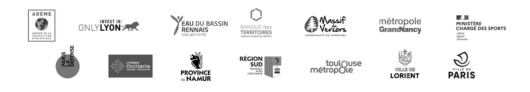 ADEME, Aderly - Invest in Lyon, Eau du bassin Rennais, Banque des territoires, Massif du Vercors, Métropole du Grand Nancy, Ministère chargé des Sports, Paris la Défense (PLD), La Région Occitanie, Province de Namur, Région Sud, Toulouse Métropole, Ville de Lorient, Ville de Paris