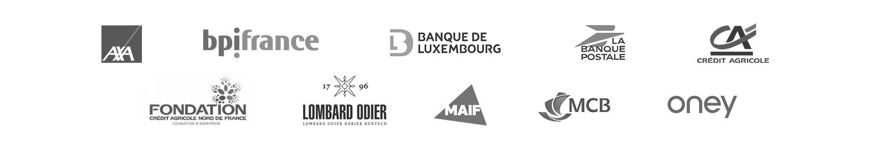 Logos AXA, BPI, Banque de Luxembourg, La Banque Postale, Crédit Agricole, Fondation Crédit Agricole, Lombard Odier, Maif, Mauritius Commercial Bank (MCB), Oney