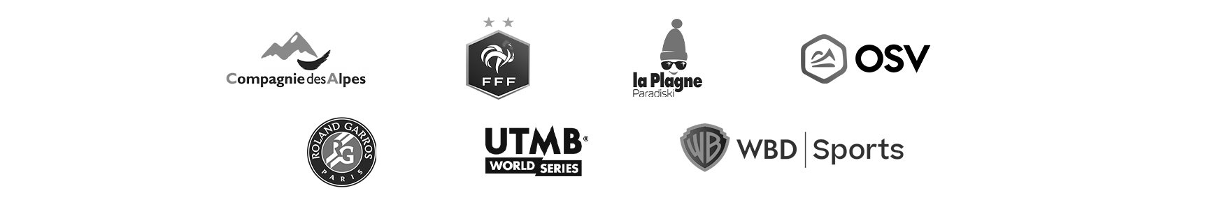 Logos Compagnie des Alpes, Fédération Française de Football (FFF), La Plagne - Paradiski, OSV, Roland Garros, UTMB, WBD Sports